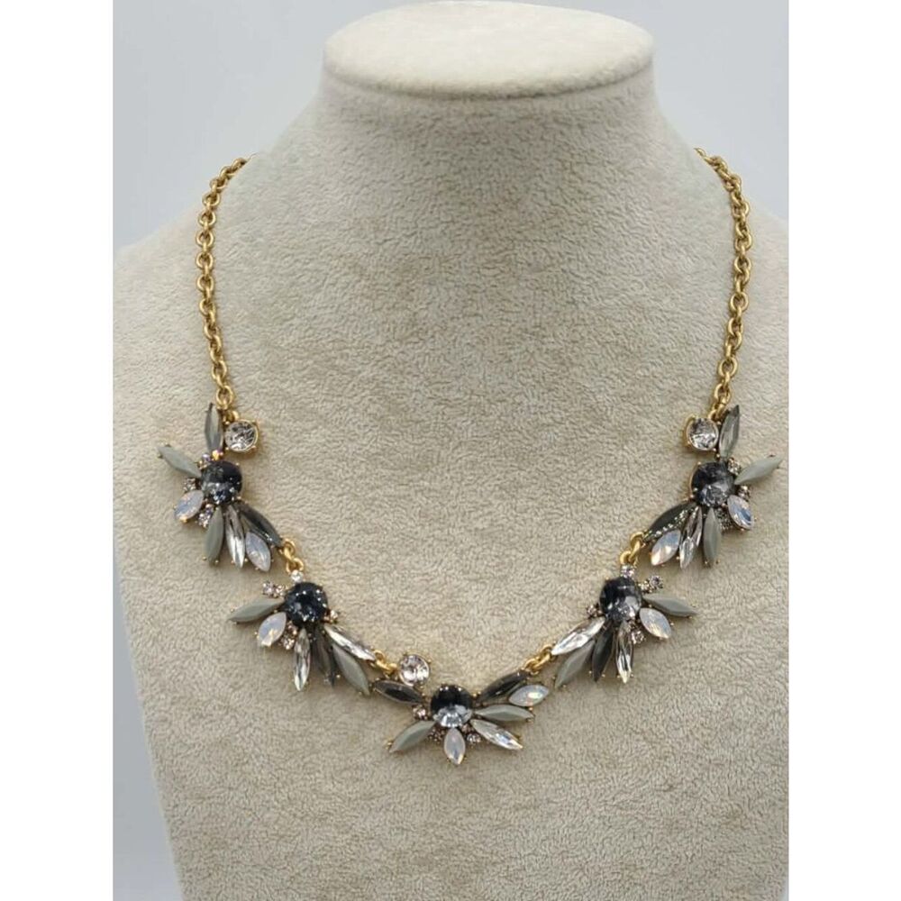 J Crew Gold Tone Gray Clear Crystal Floral Necklace